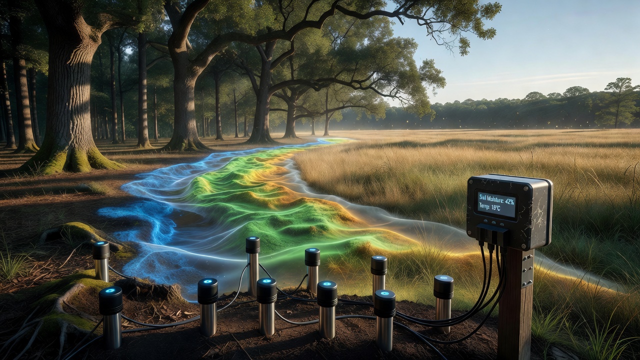 Close-up view of embedded sensor probes and data logger unit placed at the forest-grassland interface