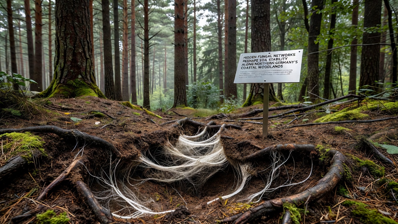 Close-up of soil profile in a northern German woodland illustrating fungal hyphae binding root structures and soil aggregates